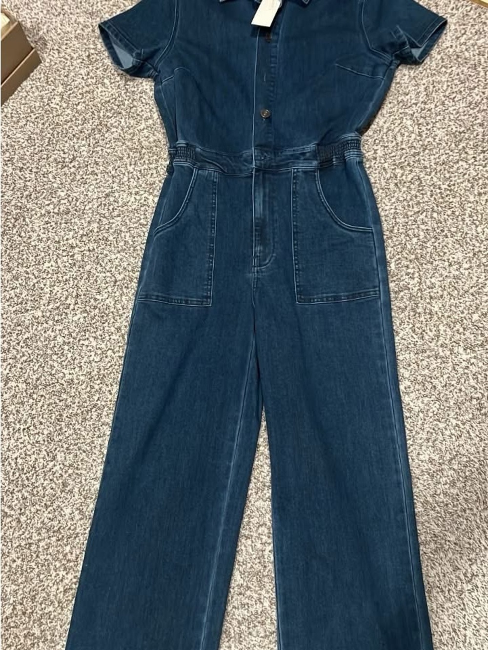 KanCan Dark Blue Denim Short-Sleeve Jumpsuit with Wide Legs